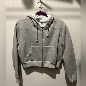 Grey Fleece Cropped Zip Up Hoodie size L